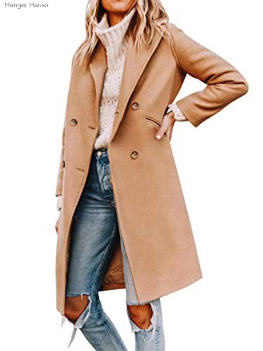 Women's Notched Lapel Double Breasted Pea Coat Mid Long Coat